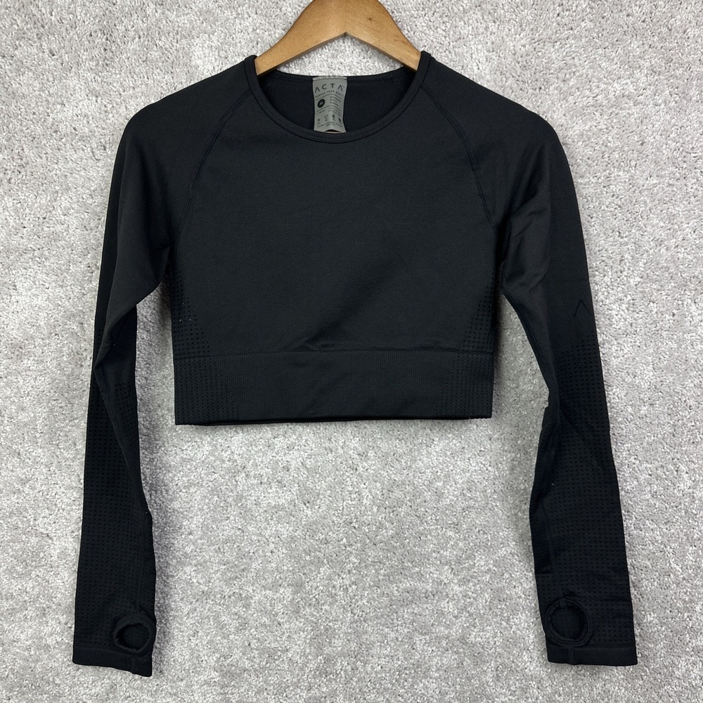 ACTA Women's Black Long Sleeve Top Cropped Athletic Yoga Athleisure‎ Gym Sz M